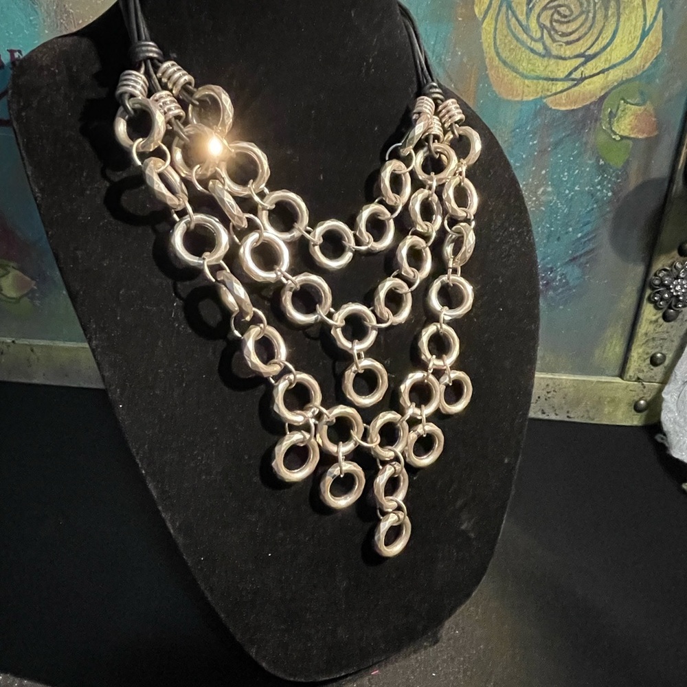 Black Leather & Cascading Silver Circles Necklace.  18”-21”